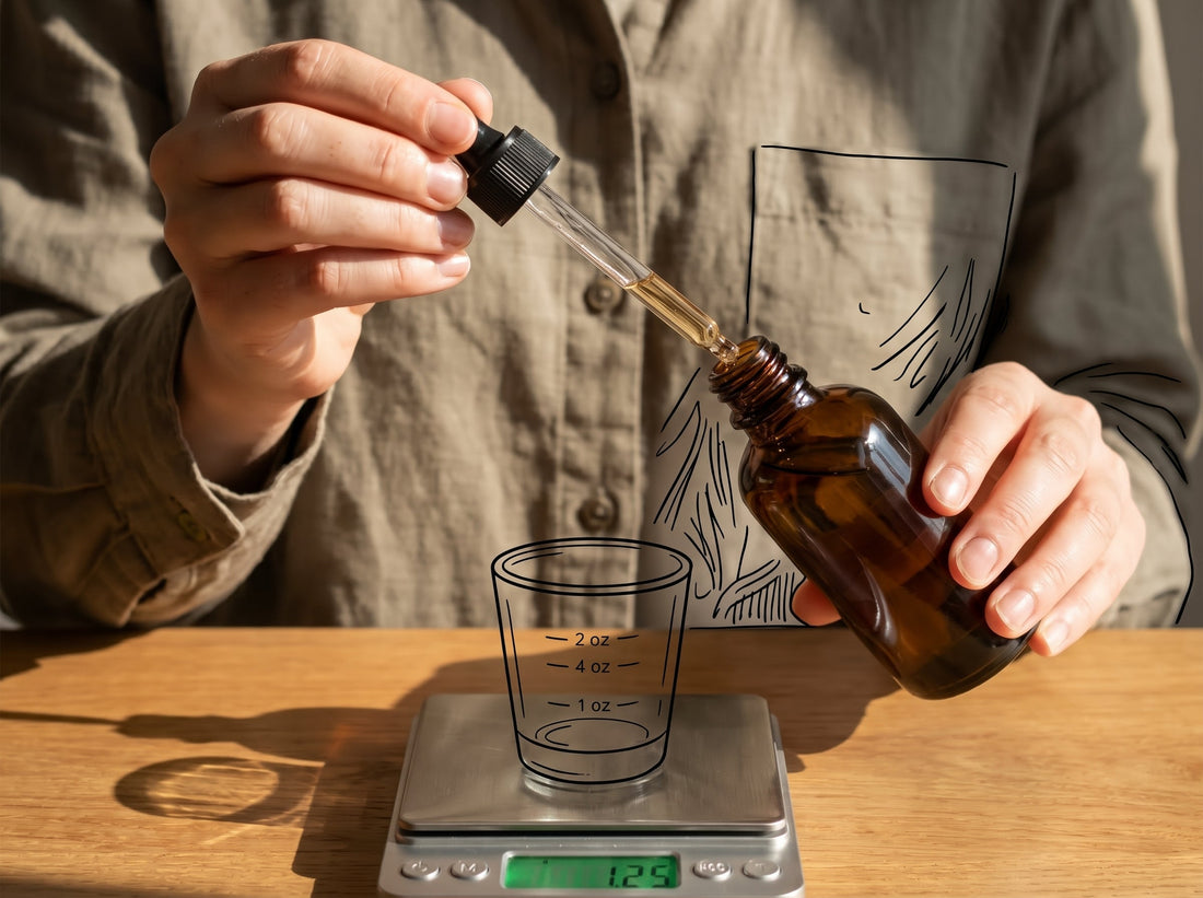 Candle maker pouring essential oils for a 6:24 candle