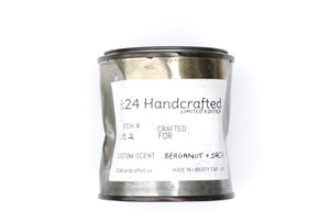 Bergamot and Sage hand-beaten and fired tin jar. Each one is customized in an 8 oz. jar