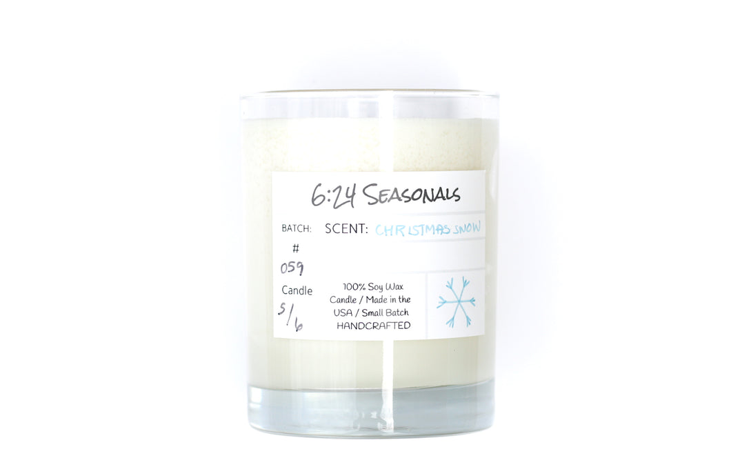 Christmas Snow scented candle. Fresh vanilla, pine, and many more blended fragrances