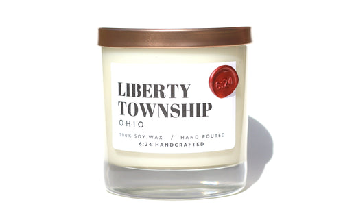 Liberty Township, Ohio candle with rose gold lid from the 6:24 Handcrafted Locals collection