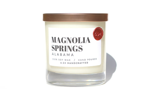 Magnolia Springs, Alabama candle that brings back memories of the old Oak trees and the historical Moore Bros Store that opened in 1922