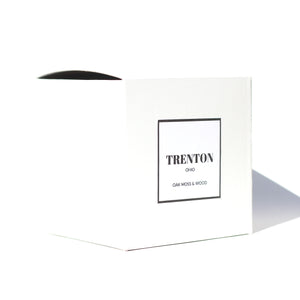 White box with Trenton Ohio on the front for gift packaging and candle wrapping